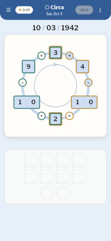 Solved Circa puzzle for October 3, 1942: 3 times 4 minus 10 equals 2, and 2 plus 10 minus 9 equals 3.
