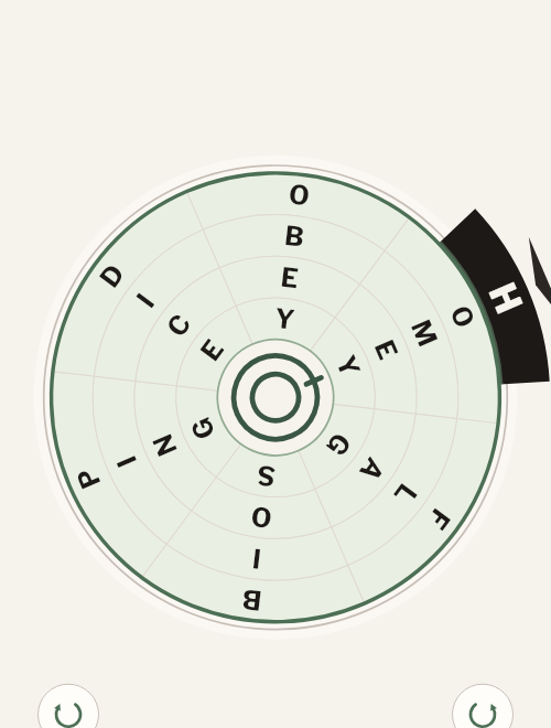 A completed Dials puzzle with four letter rings aligned around the center.