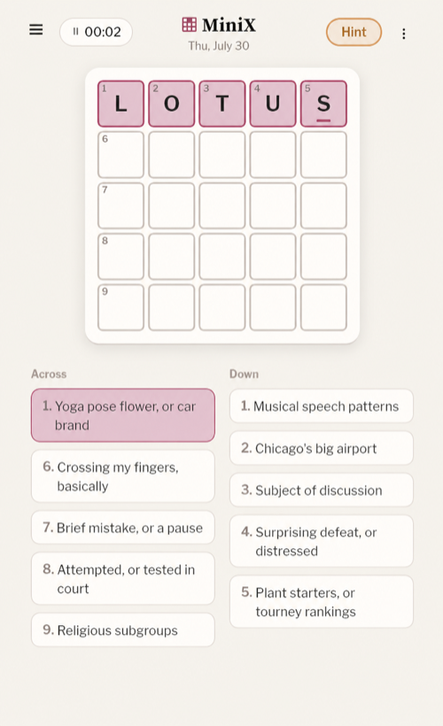 A MiniX puzzle in progress with LOTUS filled into the grid and clues below.