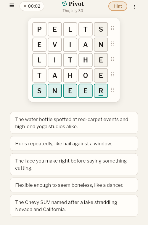 A completed Pivot puzzle with a filled five-by-five word square and its clues.